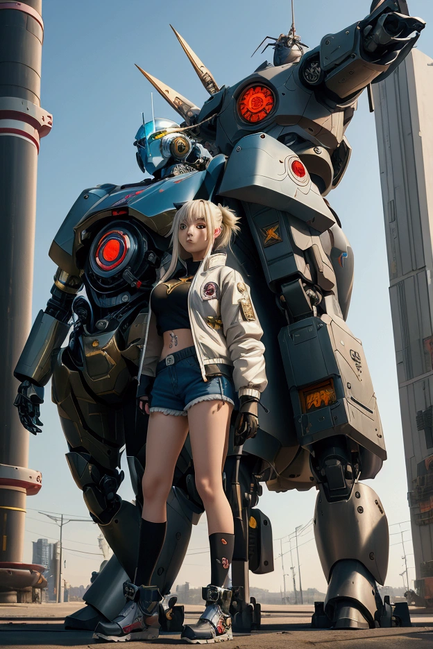 Anime girl in shorts and jacket standing next to a giant robot, guweiz style artwork, chica anime cyberpunk mech, trend on cgstation, guweiz, by Russell Dongjun Lu, cyberpunk anime digital art, ross tran 8k, Guweiz and Artstation Pixiv, girl with mecha cybernetic armor