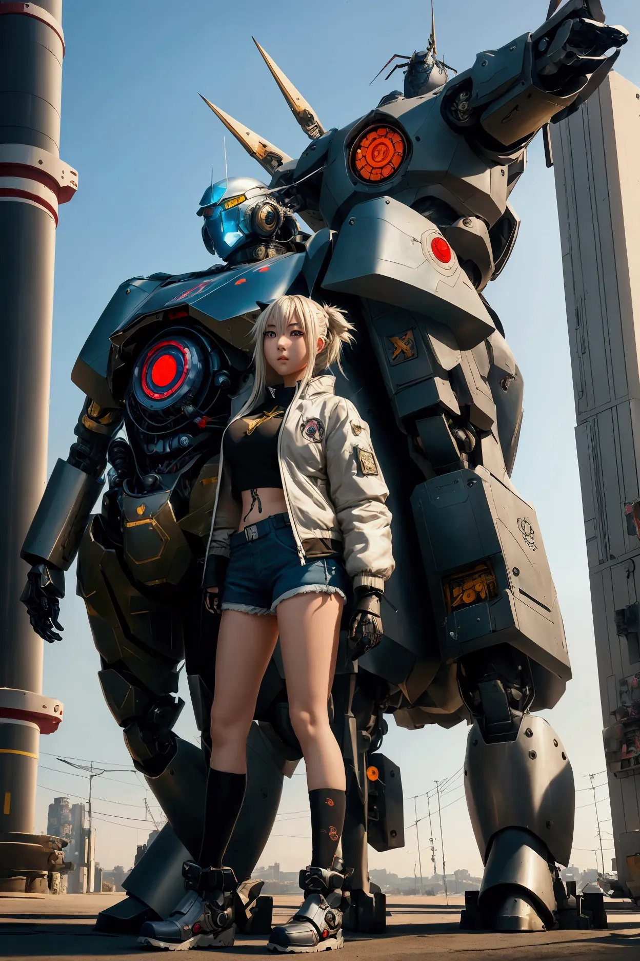 anime girl in shorts and jacket standing next to a giant robot, guweiz style artwork, chica anime cyberpunk mech, trend on cgsta...