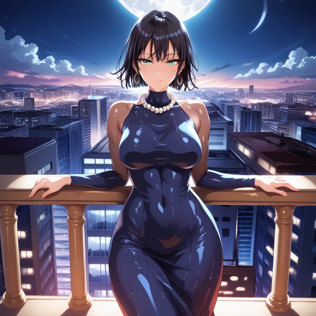 (SAFE FOR WORK), 1 female, Yusuke Murata style, Fubuki from One Punch Man, anime-style face, sexy face, leaning on balcony, back view, really wet body, longer face, short black hair, fully lidded eyes, green eyes, puckered lips, no lipstick, slim/toned body, extremely slim waist, arched back, perfect hour glass shape, skin shine, GGG breasts, curvy, black skin tight long dress, toned midriff,, large hoop earrings, pearl necklace, night, detailed city background, futuristic city, penthouse, lots of skyscrapers, Tokyo, Japanese symbols, neon lights everywhere, colourful lights, moon, detailed galaxy sky, really tall buildings, hyper detailed city, volumetric lighting, thick thighs, more details,