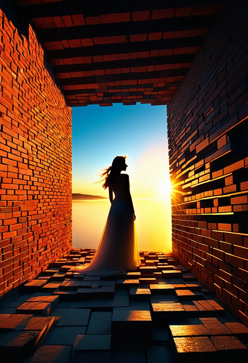 made out of bricks, Video Installation of a "In the symphony of solitude, the soul finds refuge, communing with the whispers of its own existence.", ral-brks, delicate, dramatic, sunny, magical composition, warm light, dynamic dramatic beautiful full taking, best