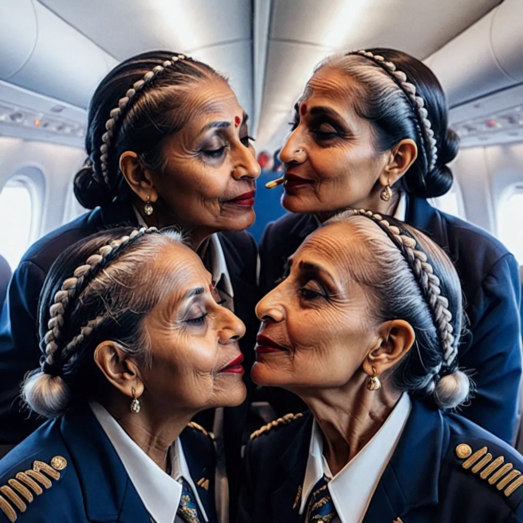 aged aged eldery aged eldery indian four ladies kissing in the flight, ultra detailing image prompt,generate by using all the la...