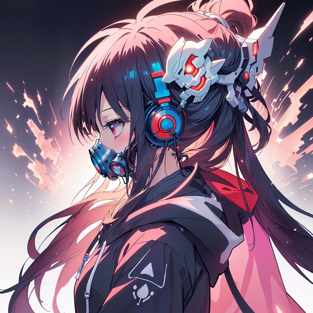 One girl,(((Highest quality、masterpiece、Official Art、Very detailed、Anime Style、Best dynamic composition、profile、Perfect Anatomy)))、 Headphones, hoodie, Vibrant colors, neon, White Background、gas mask、
