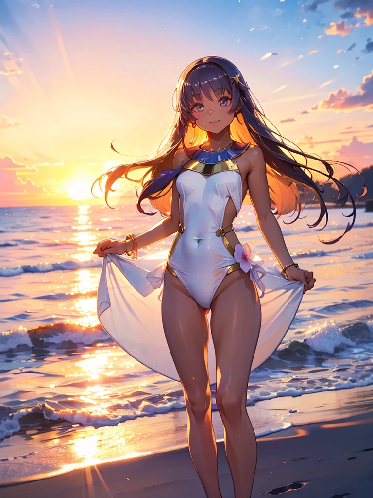 Nice views, Sunset view, With the sunset, At sunset, During Golden Hour,Wearing a white swimsuit