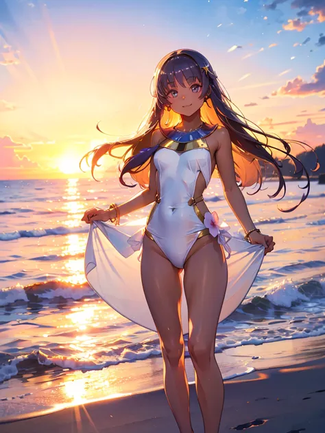 nice views, sunset view, with the sunset, at sunset, during golden hour,wearing a white swimsuit