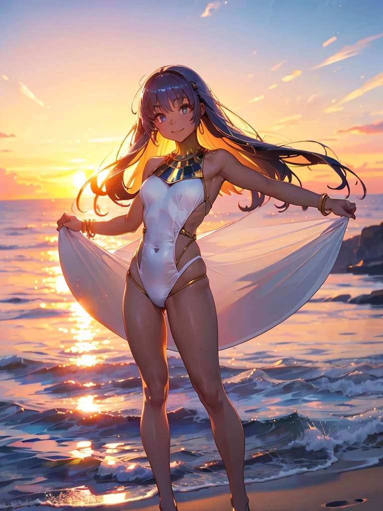 Nice views, Sunset view, With the sunset, At sunset, During Golden Hour,Wearing a white swimsuit