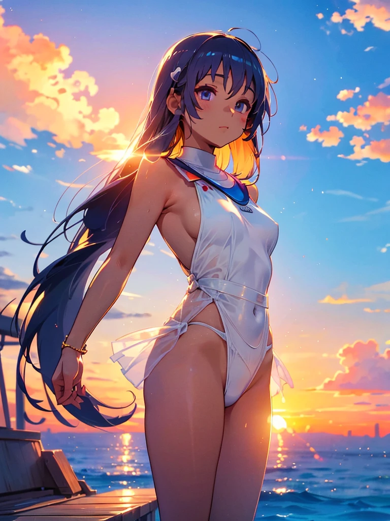 Wearing a white swimsuit, Skyline, sunset, Silhouette against a cloud background, meditation. Watching the beautiful sunset, sunset時に,