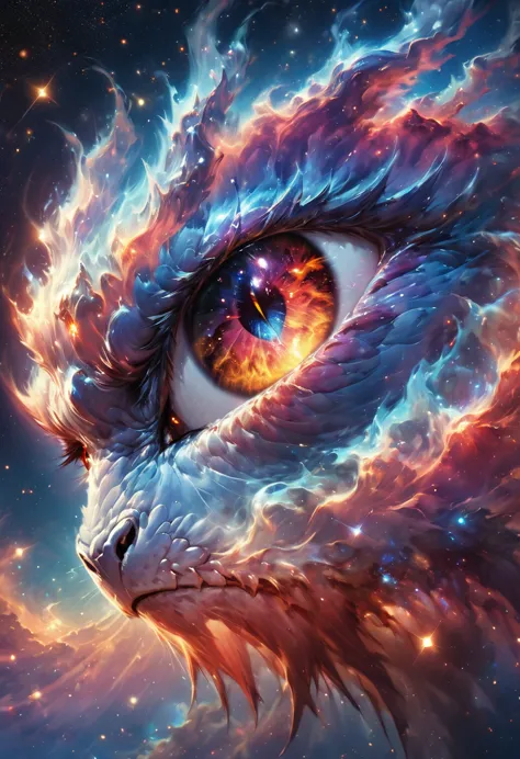 a close up anime comic picture of a dynamic color dragon eye, you see the night sky and endless stars, nebula, in the irises, so...