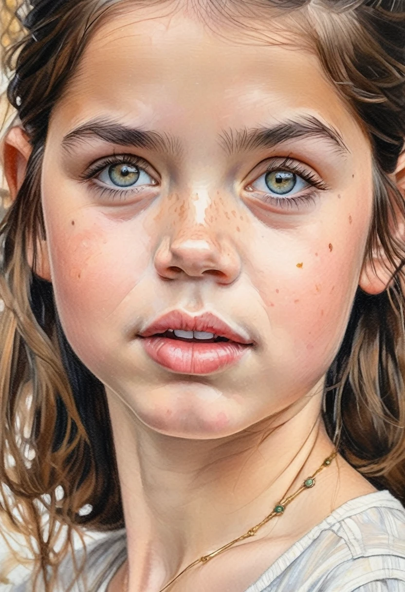 stunning colour graphite sketch of a beautiful ohwx 12years old girl portrait, (by Alyssa Monks:1.1), by Joseph Lorusso, by Lilia Alvarado, beautiful lighting, sharp focus, 8k, high res, Masterpiece, Nikon Z9, Award - winning photograph , (naked: 1.8)