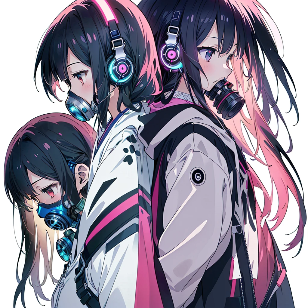 One girl,(((Highest quality、masterpiece、Official Art、Very detailed、Anime Style、Best dynamic composition、profile、Perfect Anatomy)))、 Headphones, hoodie, Vibrant colors, neon, White Background、gas mask、
