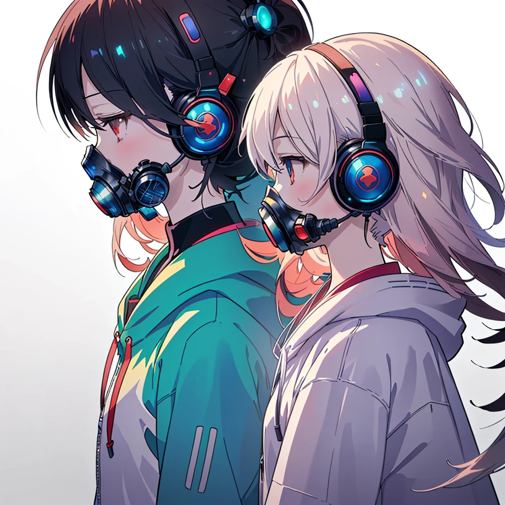 One girl,(((Highest quality、masterpiece、Official Art、Very detailed、Anime Style、Best dynamic composition、profile、Perfect Anatomy)))、 Headphones, hoodie, Vibrant colors, neon, White Background、gas mask、
