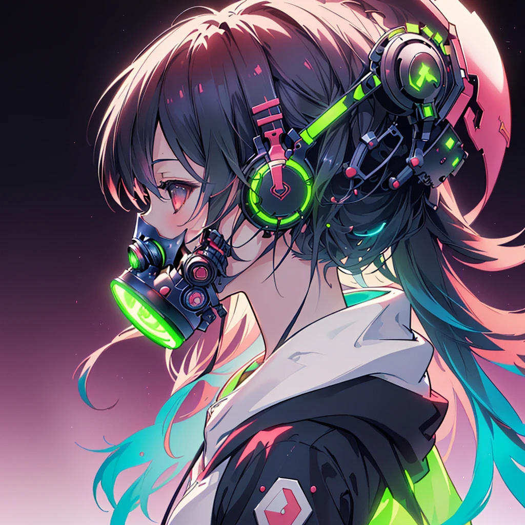 One girl,(((Highest quality、masterpiece、Official Art、Very detailed、Anime Style、Best dynamic composition、profile、Perfect Anatomy)))、 Headphones, hoodie, Vibrant colors, neon, White Background、gas mask、
