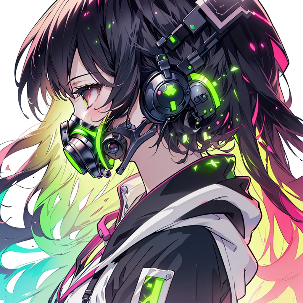 One girl,(((Highest quality、masterpiece、Official Art、Very detailed、Anime Style、Best dynamic composition、profile、Perfect Anatomy)))、 Headphones, hoodie, Vibrant colors, neon, White Background、gas mask、
