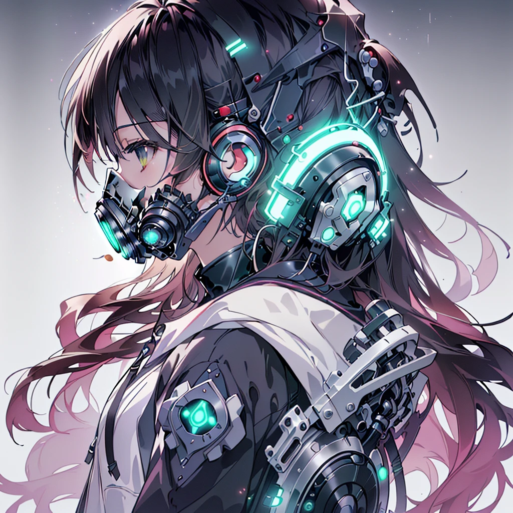 One girl,(((Highest quality、masterpiece、Official Art、Very detailed、Anime Style、Best dynamic composition、profile、Perfect Anatomy)))、 Headphones, hoodie, Vibrant colors, neon, White Background、gas mask、
