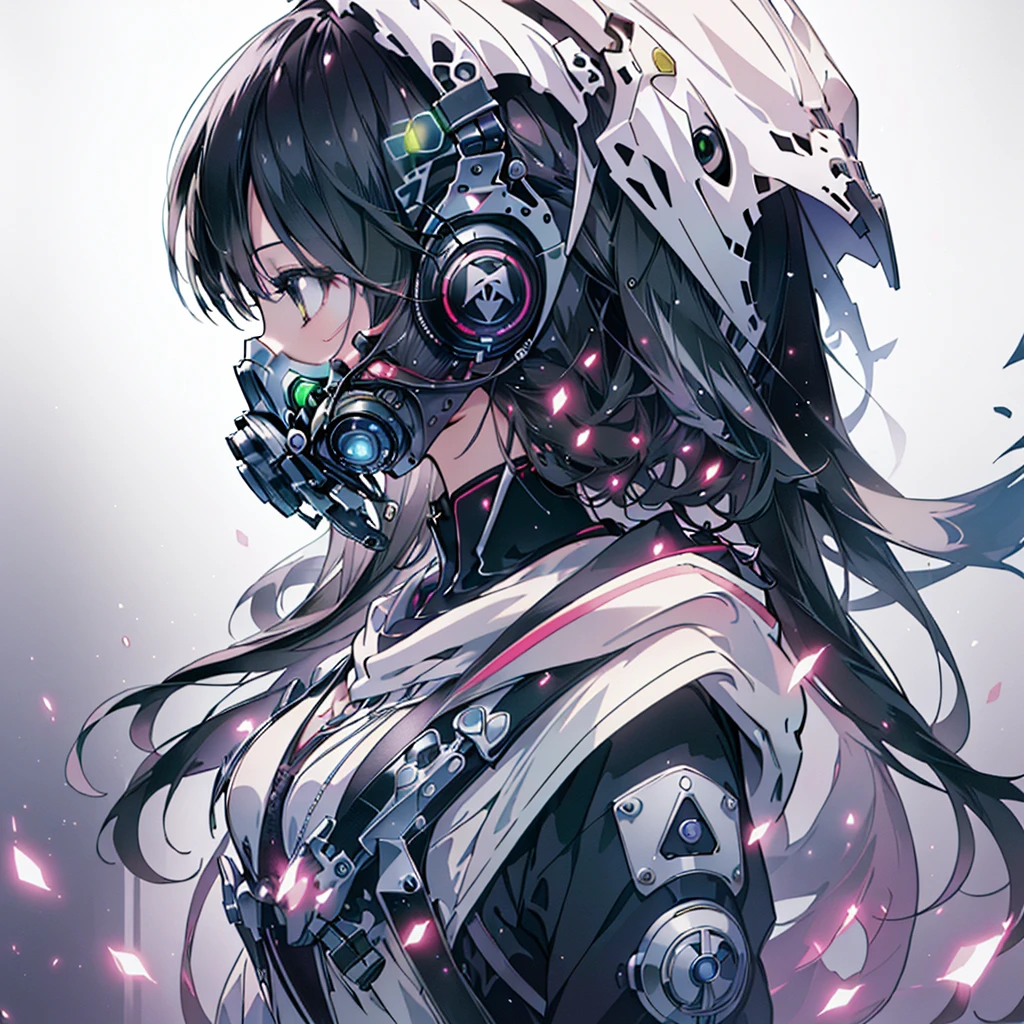 One girl,(((Highest quality、masterpiece、Official Art、Very detailed、Anime Style、Best dynamic composition、profile、Perfect Anatomy)))、 Headphones, hoodie, Vibrant colors, neon, White Background、gas mask、
