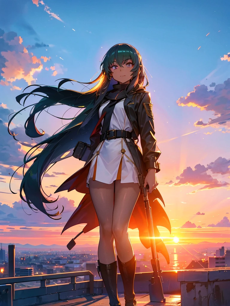 Empty City, A town above the clouds, Sky City,Black Eye,green hair, wearing a duffle coat, Falling from the sky, Watching the beautiful sunset, sundownに, sundown, As the sun sets, in the sunset, Nice views, Sunset view, With the sunset, sundownに, During Golden Hour, looking sundownに, Sunset in the background, Watching the sunset, Get noticed, Holding_gun, assault_rifle, Stylish Gunfighter Girl, スチームパンクの長gun身ピストルを持っている. Skillfully expressing the effects of light and shadow,