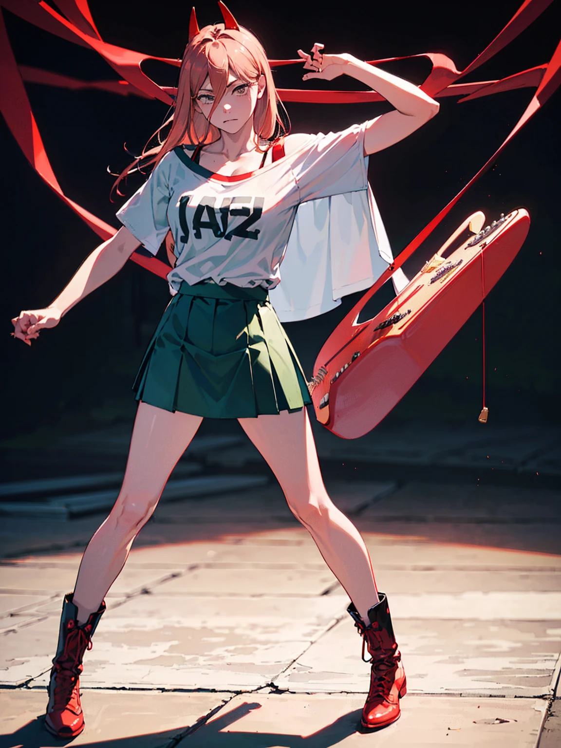 ((１woman)), ((Arm guard:1.5,、Black boots、Black T-shirt、Green skirt、Red Corner)), masterpiece，Red Corner, ((Red Corner)), full body, (masterpiece, Highest quality, 8k, 1 person, A perfectly balanced body, Official Art、Highest quality、 8k wallpaper、32K、masterpiece、Ultra-detailed、high resolution、Realistic、Photorealistic:1.2), , clavicle:1.2,,((Has a red guitar:1.5))
