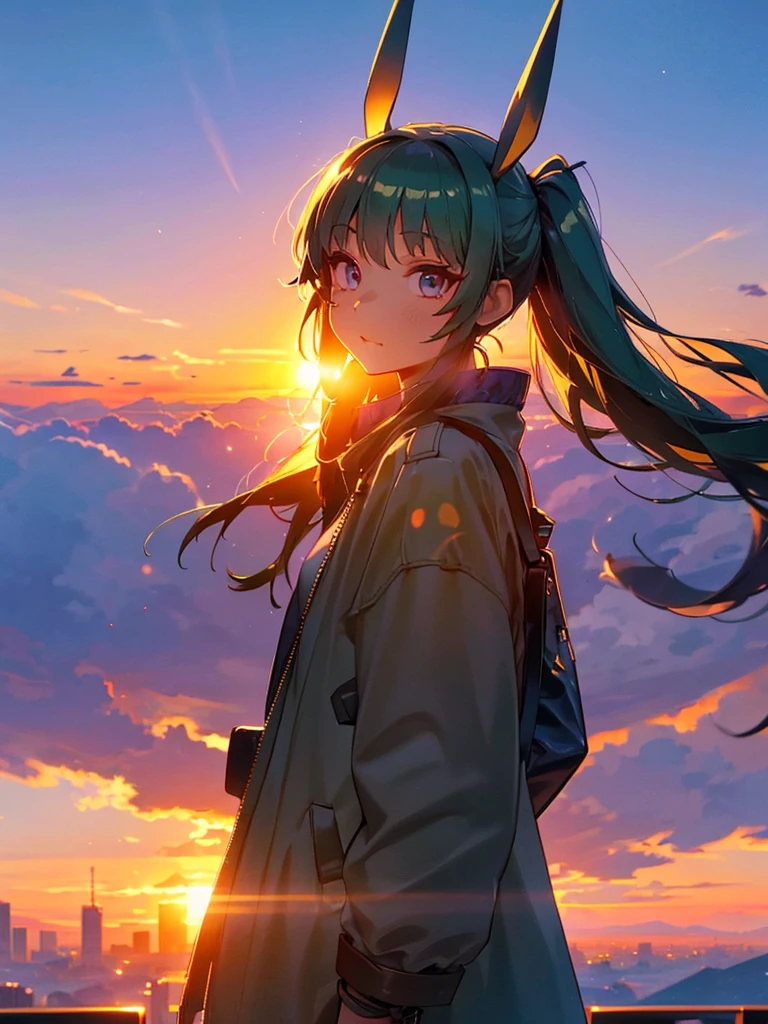 Empty City, A town above the clouds, Sky City,Black Eye,green hair, wearing a duffle coat, Falling from the sky, Watching the beautiful sunset, sundownに, sundown, As the sun sets, in the sunset, Nice views, Sunset view, With the sunset, sundownに, During Golden Hour, looking sundownに, Sunset in the background, Watching the sunset, Attention、 Skillfully expressing the effects of light and shadow,