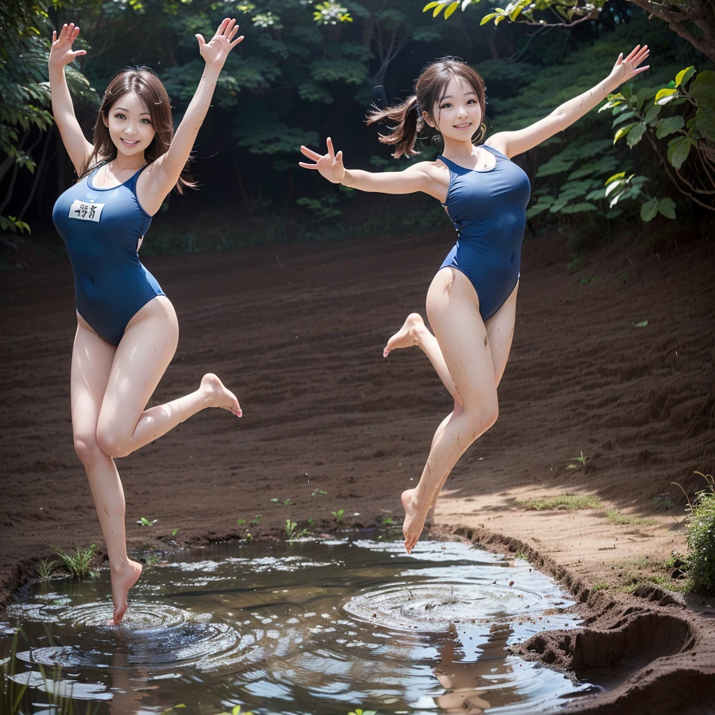 (((barefoot slender Japanese girl on mud pond))), natural front lighting, ultra sharp focus,bright brown hair, large eyes with long eyelashes and double eyelids, smile, (((jumping and waving arms))), ((huge breasts)), (full body shot:2), (beautiful face:2),(((wearing dark blue Japanese school swimwear )))