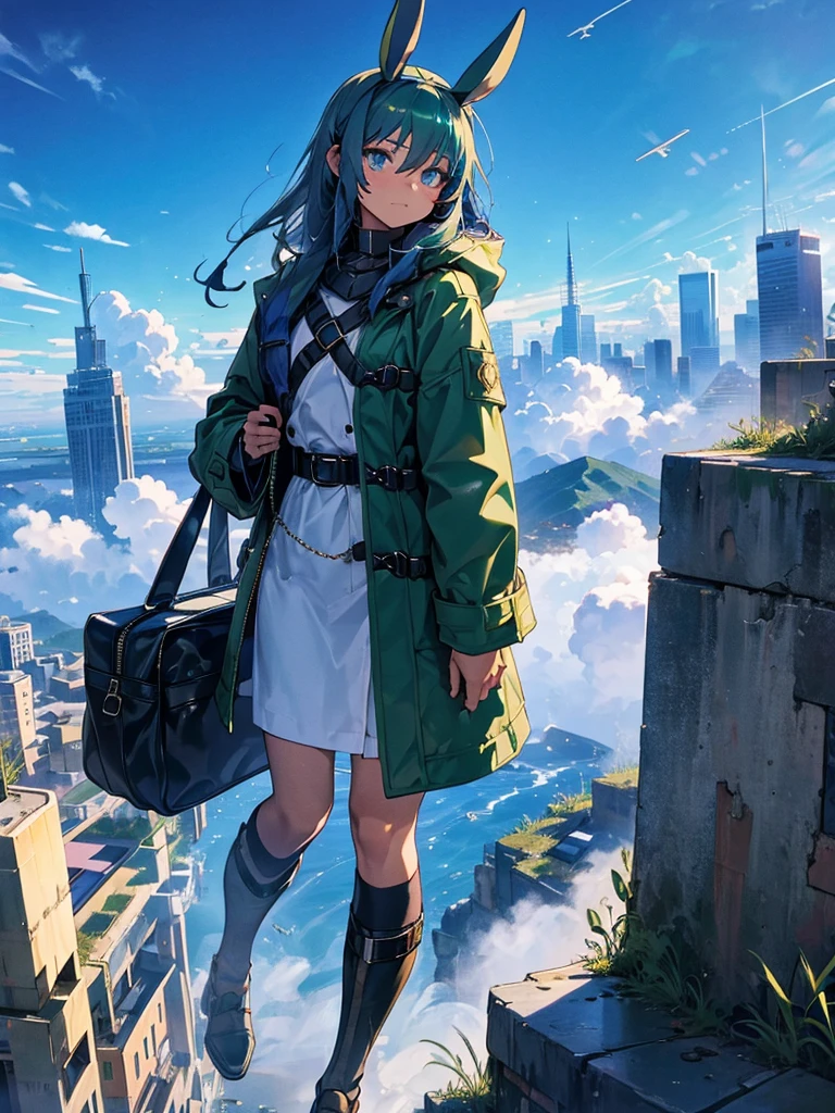 Empty City, A town above the clouds, Sky City,Black Eye,green hair, wearing a duffle coat, Falling from the sky, 