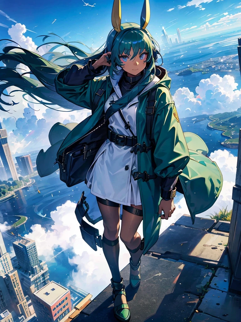 Empty City, A town above the clouds, Sky City,Black Eye,green hair, wearing a duffle coat, Falling from the sky, 