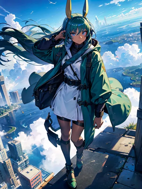 empty city, a town above the clouds, sky city,black eye,green hair, wearing a duffle coat, falling from the sky,