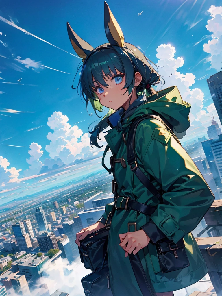 Empty City, A town above the clouds, Sky City,Black Eye,green hair, wearing a duffle coat, Falling from the sky, 