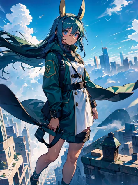 empty city, a town above the clouds, sky city,black eye,green hair, wearing a duffle coat, falling from the sky,