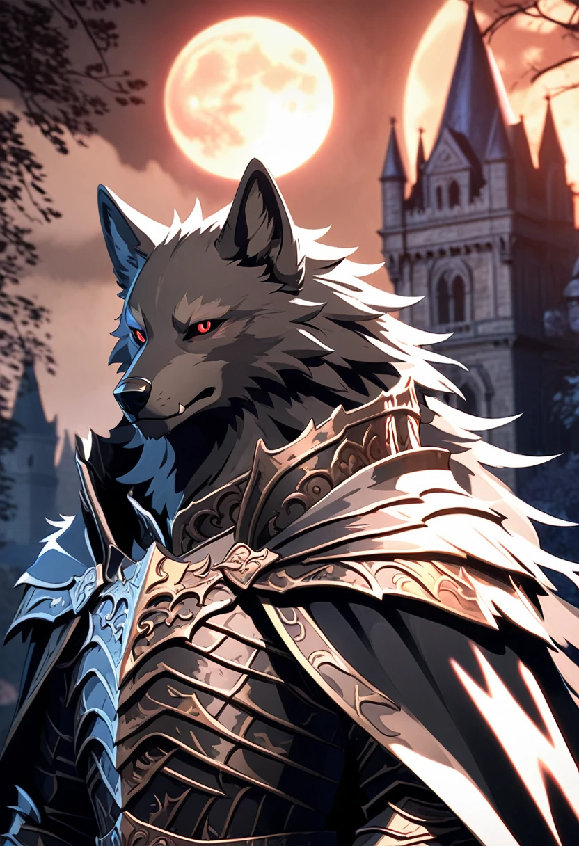 handsome black wolf furry in black regal armor, anime style, blaidd from elden ring, victorian castle and moon in the background, hd, 4k, clawed gauntlets, black cloak, detailed red eyes, detailed anime style, detailed fur, furry