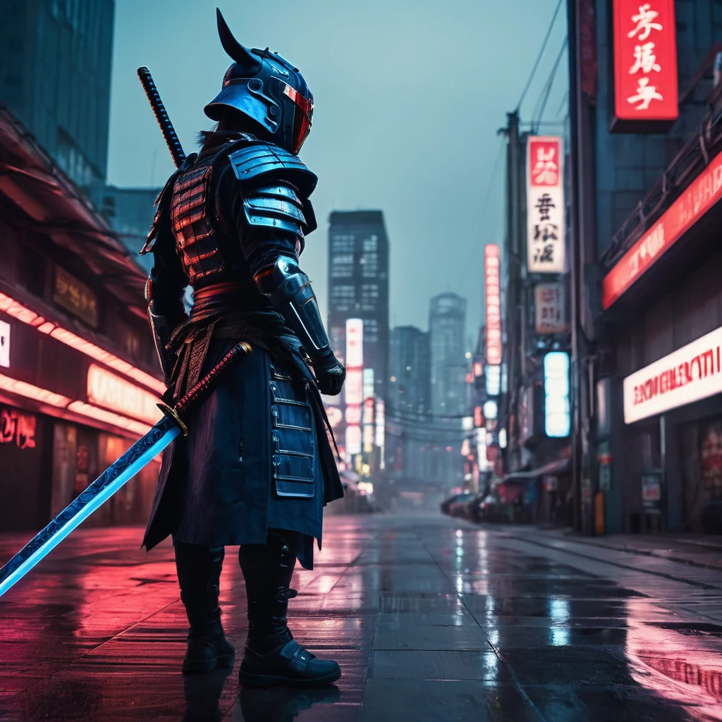 cyberpunk samurai,futuristic cyberpunk city,detailed samurai armor,glowing neon lights,dark moody atmosphere,(best quality,4k,8k,highres,masterpiece:1.2),ultra-detailed,(realistic,photorealistic,photo-realistic:1.37),cinematic lighting,dramatic shadows,intricate cyberpunk technology,advanced biomechanical enhancements,katana sword,samurai helmet,red and blue color palette,dystopian sci-fi setting,moody dramatic lighting