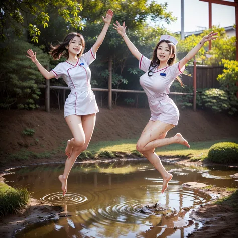 (((barefoot slender japanese girl on mud pond))), natural front lighting, ultra sharp focus,bright brown hair, large eyes with l...