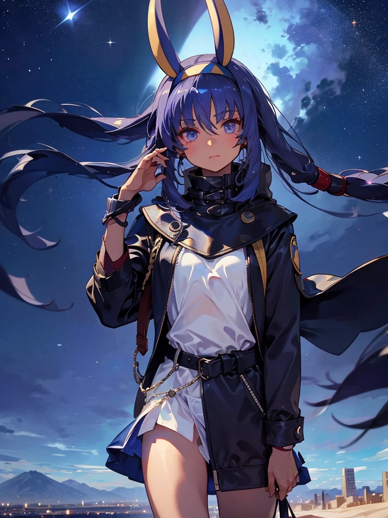 Empty City, A town above the clouds, Sky City,Black Eye,Blue haired, wearing a duffle coat, Falling from the sky,　Nitocris、In the desert、Stars shine in the night sky、beautiful girl、Show your side