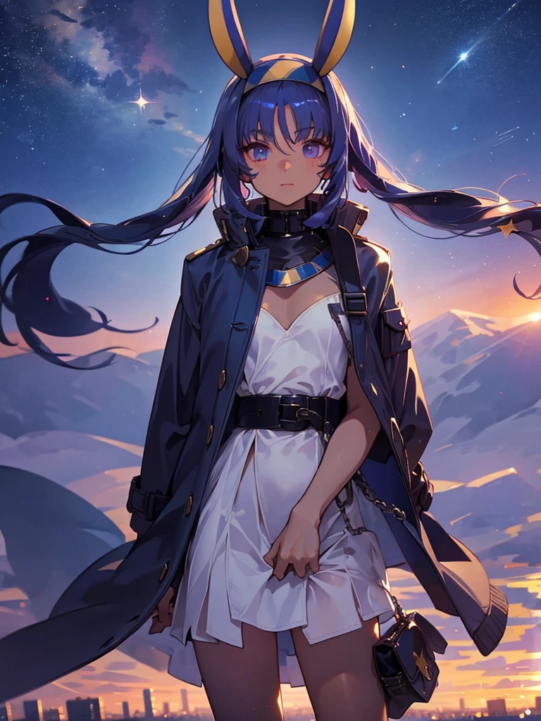 Empty City, A town above the clouds, Sky City,Black Eye,Blue haired, wearing a duffle coat, Falling from the sky,　Nitocris、In the desert、Stars shine in the night sky、beautiful girl、Show your side