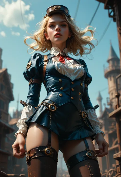 1girl, thigh_highs, skinny_blonde, hot_uniform, steampunk, dynamic_pose, forced_perspective