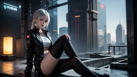 a silver-haired woman sitting by the wall，  cyberpunk anime art， women&#39;s race wears ultra-thin white lace bikini，sexy pose,(...