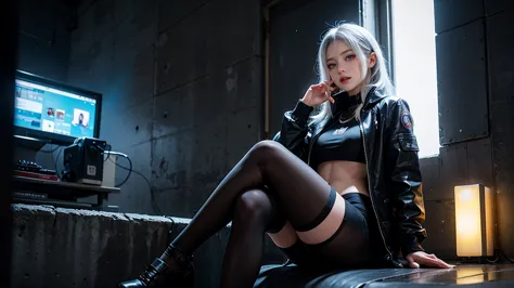 a silver-haired woman sitting by the wall，  cyberpunk anime art， women&#39;s race wears ultra-thin white lace bikini，sexy pose,(...