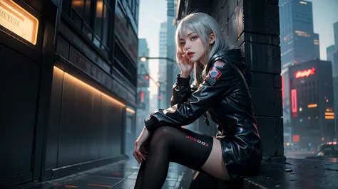 a silver-haired woman sitting by the wall，  cyberpunk anime art， women&#39;s race wears ultra-thin white lace bikini，sexy pose,(...