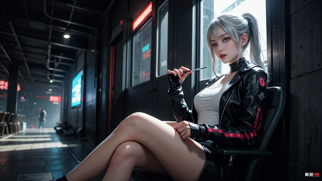 A silver-haired woman sitting by the wall，  Cyberpunk Anime Art， Women&#39;s race wears ultra-thin white lace bikini，Sexy pose,(Huge breasts: 1.2)，(((Breast close-up)), , (((Open your legs)))，((((whole body,))))Sci-fi headdress, Beautiful sci-fi background highlights sexy female racer in skimpy white lace bikini，Female Expression，Ray Tracing，nvidia RTX，Super Resolution，Unreal 5，Subsurface scattering，PBR Textures，Post-Processing，Anisotropic filtering，Depth of Field，Maximum clarity and sharpness，Multi-layered textures，Albedo and Specular Maps， Surface Shading，Accurately simulate the interaction of light and materials，Perfect proportion，Octane Rendering，Two-color lighting，Low ISO，White Balance，Rule of Thirds，Large aperture，8K Original，High-efficiency sub-pixel，Film Grain，Glowing particles，Facing the camera，Looking at the audience，Golden Section，8K HD Wallpaper。