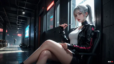 a silver-haired woman sitting by the wall，  cyberpunk anime art， women&#39;s race wears ultra-thin white lace bikini，sexy pose,(...