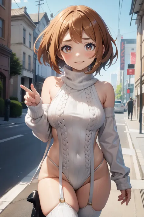 ochaco uraraka  ,1girl , anime , masterpiece  ,  smug smile ,short hair, virgin_destroyer_sweater ,  coxas , medium  breasts , t...