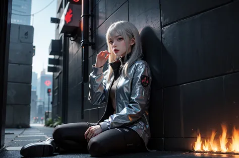 a silver-haired woman sitting by the wall，  cyberpunk anime art， women&#39;s race wears ultra-thin white lace bikini，sexy pose,(...