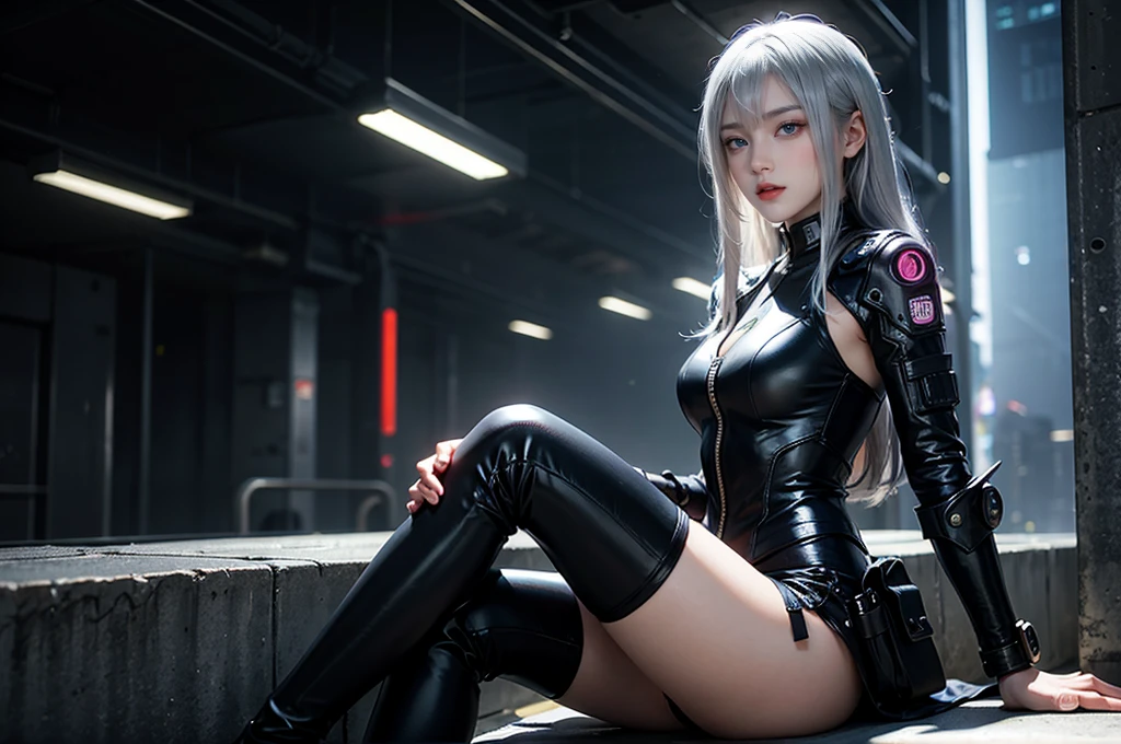 A silver-haired woman sitting by the wall，  Cyberpunk Anime Art， Women&#39;s race wears ultra-thin white lace bikini，Sexy pose,(Huge breasts: 1.2)，(((Breast close-up)), , (((Open your legs)))，((((whole body,))))Sci-fi headdress, Beautiful sci-fi background highlights sexy female racer in skimpy white lace bikini，Female Expression，Ray Tracing，nvidia RTX，Super Resolution，Unreal 5，Subsurface scattering，PBR Textures，Post-Processing，Anisotropic filtering，Depth of Field，Maximum clarity and sharpness，Multi-layered textures，Albedo and Specular Maps， Surface Shading，Accurately simulate the interaction of light and materials，Perfect proportion，Octane Rendering，Two-color lighting，Low ISO，White Balance，Rule of Thirds，Large aperture，8K Original，High-efficiency sub-pixel，Film Grain，Glowing particles，Facing the camera，Looking at the audience，Golden Section，8K HD Wallpaper。