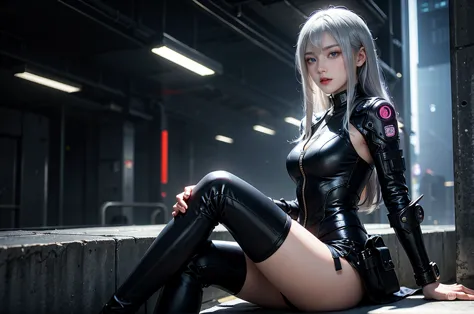 a silver-haired woman sitting by the wall，  cyberpunk anime art， women&#39;s race wears ultra-thin white lace bikini，sexy pose,(...