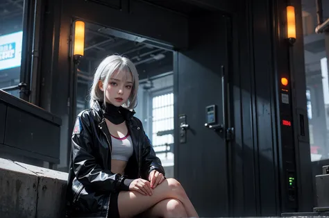 a silver-haired woman sitting by the wall，  cyberpunk anime art， women&#39;s race wears ultra-thin white lace bikini，sexy pose,(...