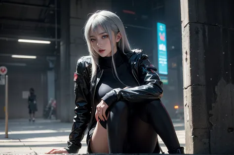 a silver-haired woman sitting by the wall，  cyberpunk anime art， women&#39;s race wears ultra-thin white lace bikini，sexy pose,(...