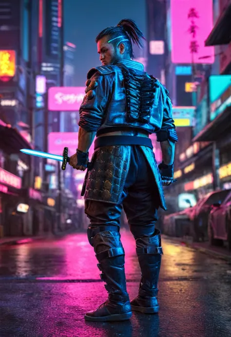 a male cyberpunk samurai, detailed cyberpunk samurai warrior, detailed futuristic cyberpunk armor, futuristic weapon, intricate ...