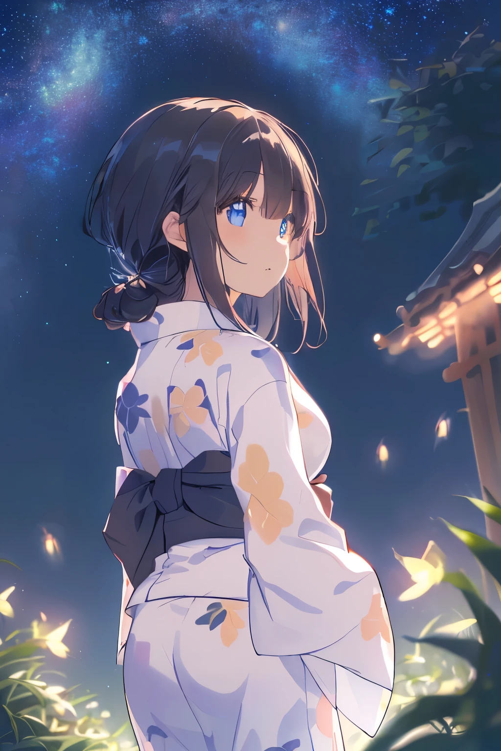 Highest quality, masterpiece, (solo:1.4), (1 female:1.4)、Large breasts、(Slim figure)、(Look up at the sky:1.5)、(Low - Angle:1.3)、(Cool colored yukata:1.3)、(White highlight in pupil:1.2)、(Dark blue eyes)、(Beautiful Eyes)、(Black-haired:1.2)、(Tie your hair back:1.5)、(Summer Garden)、(Garden at Night)、(Firefly Light:1.3)、(Starry Sky:1.3)