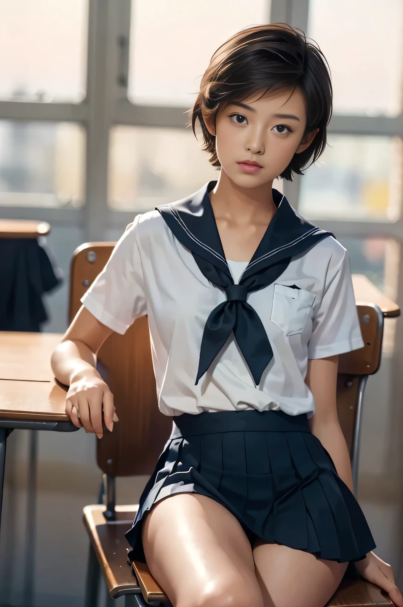 Realistic, (masterpiece, Highest quality:1.2), One person, alone, sitting in a school chair, (Crossing your legs:1.3), School desk, classroom, Sailor suit, Sailor collar, Short sleeve, Red ribbon tie, Pleated mini skirt, Flat Chest, short hair,