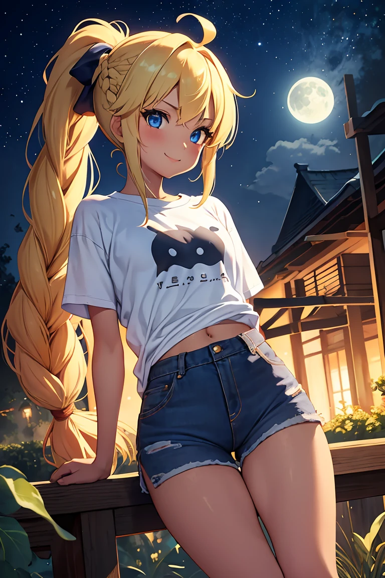 1 girl, anime girl, anime, (tanned skin), 2D девушка, 16 years, (whole body), standing, anime girl, Blue eyes, seductive smile, (ahoge, long hair, braid a single ponytail, blonde hair), t-shirt with ruffles, One, slim, flat chest, tight shorts, low waist shorts, upshorts, Dark Night Garden, muffled light, moon, Stars in the sky, I look at the viewer, darker shadows, (((obvious))), (((shorts))), (((absurdity))), (((hip gap))), camel&#39;s foot, (((camel&#39;s foot))), (((cleft of venus))), (((lowleg shorts))),