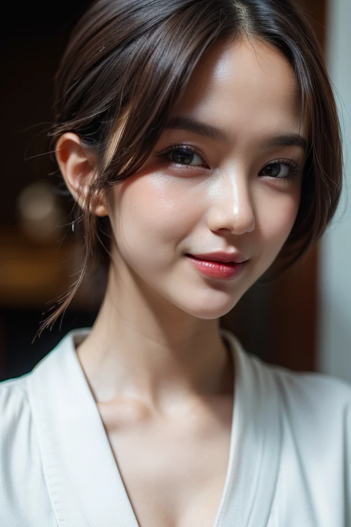 (Masterpice: 1.1), ((very detailed face)), ((very detailed eyes and face)), beautiful detail eyes, body parts__, super detailed, (best quality: 1.1), super fine photo, (realistic, photorealustic : 1.2), full body portrait, 1girl, solo, breasts, looking at viewer, smile, short hair, large breasts, brown hair, cleavage, japanese clothes, indoors, kimono, sash, plant, realistic, pale_skin, realistic skin details, natural lightning, clear focus, 16k,