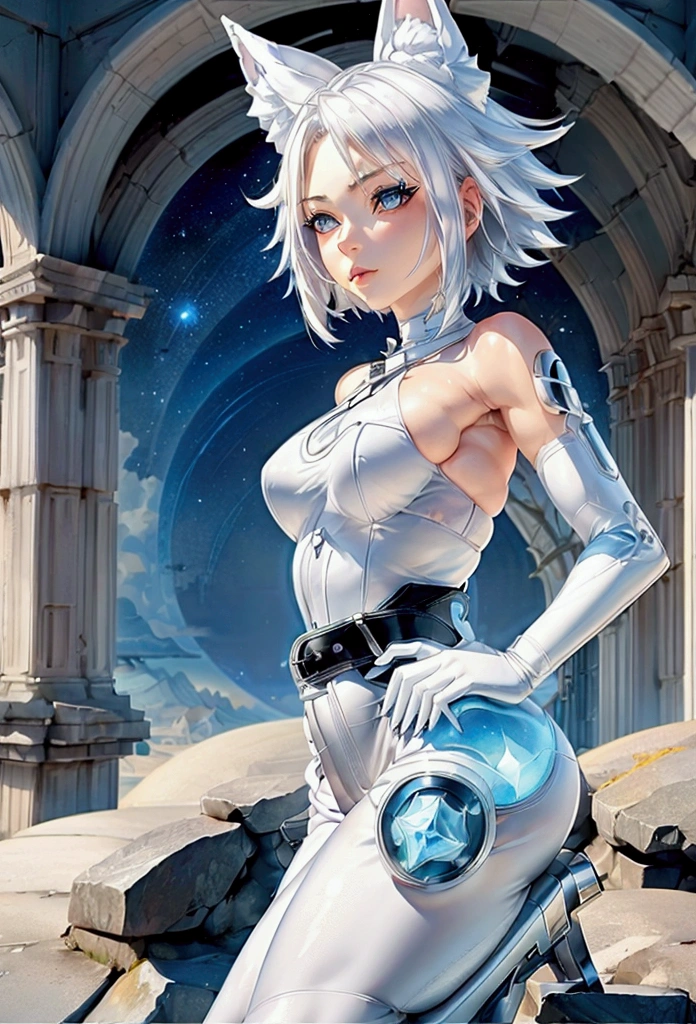 sexy and sensual White Fox (Marvel), 1girl, alone, blue eyes, gloves, medium breasts, white hair, belt, transparent armor, blue jumpsuit, makeup, mask, helmet, shoulder pads, bodycon, shoulder pads, shoulder pads, 1woman, white hair, mask, jumpsuit, gloves, onlymika full body view of warrior cats. Background: marvel cartoon landscape. in style 3B.